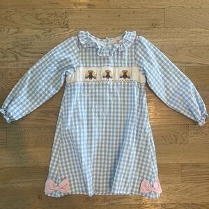Blue Gingham Smocked Long-Sleeve Girls Dress with Pink Bows